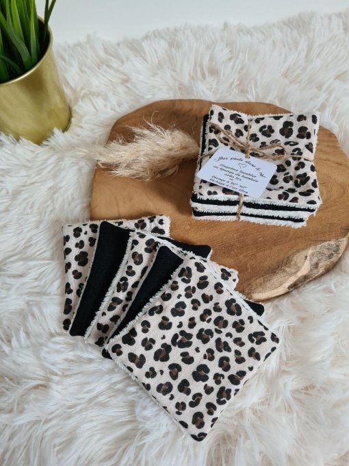 Lot de 5 lingettes lavables en double gaze léopard et noire