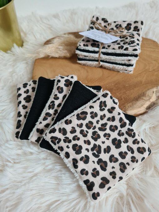 Lot de 5 lingettes lavables en double gaze léopard et noire