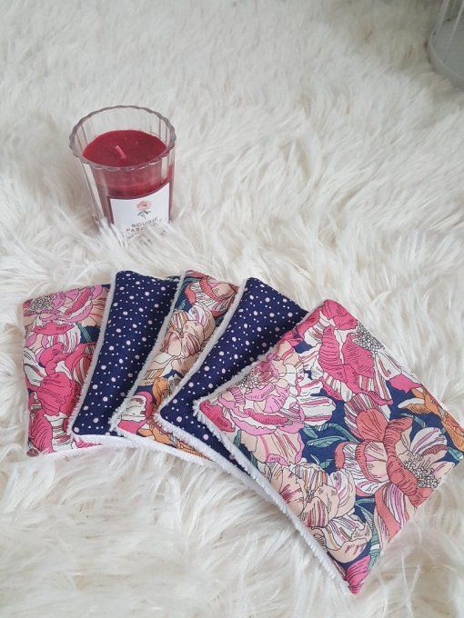 Lot de 5 lingettes lavables en Liberty blackburn rose et coton pois