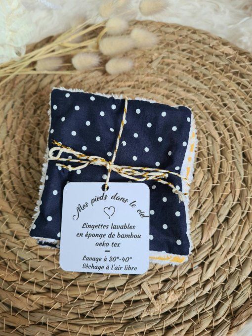 Lot de 5 lingettes lavables fleuri jaune et marine petits pois blancs