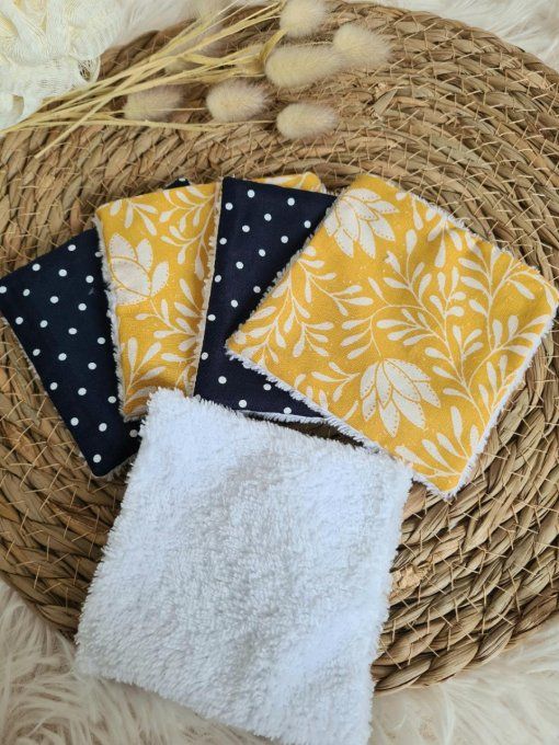 Lot de 5 lingettes lavables fleuri jaune et marine petits pois blancs