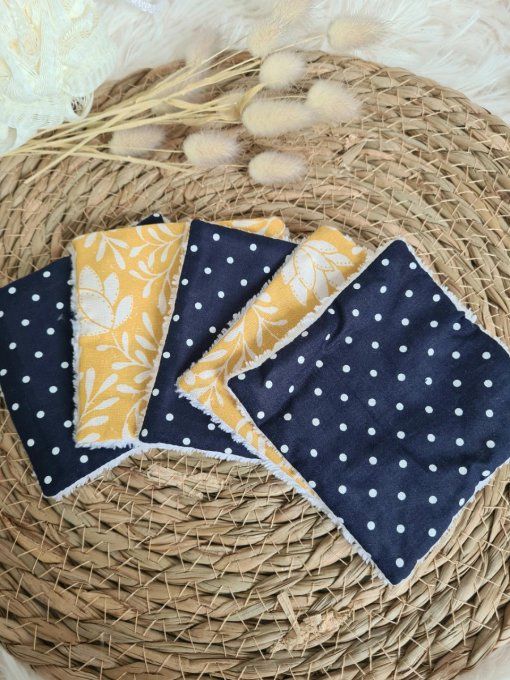 Lot de 5 lingettes lavables fleuri jaune et marine petits pois blancs