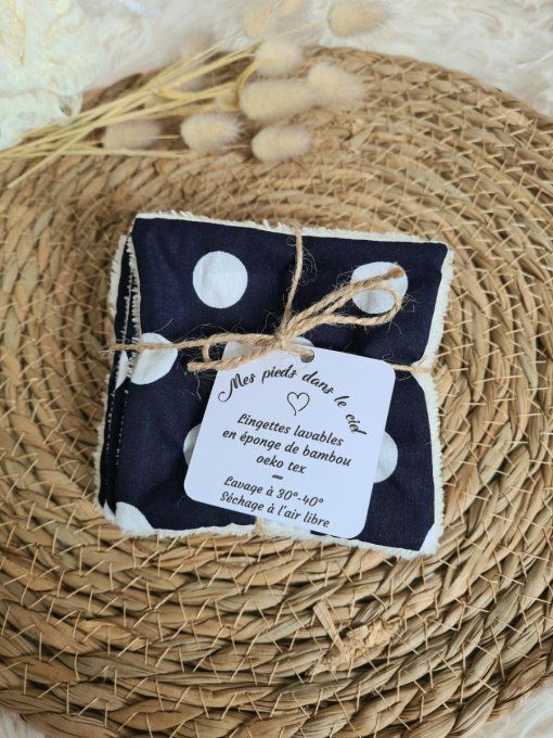 Lot de 5 lingettes lavables marine gros pois blancs