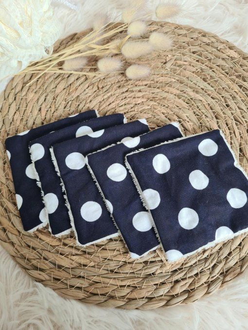 Lot de 5 lingettes lavables marine gros pois blancs