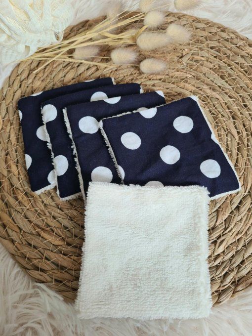 Lot de 5 lingettes lavables marine gros pois blancs
