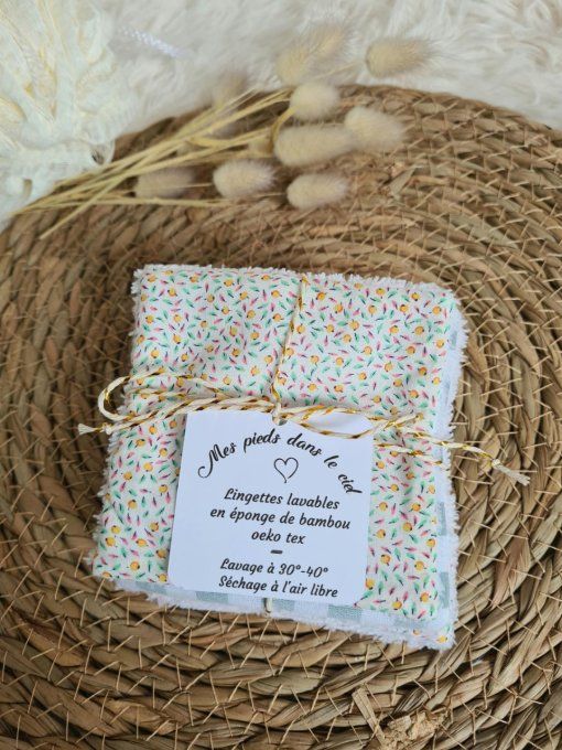 Lot de 5 lingettes lavables mini fruits et vichy vert d'eau