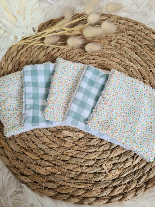 Lot de 5 lingettes lavables mini fruits et vichy vert d'eau