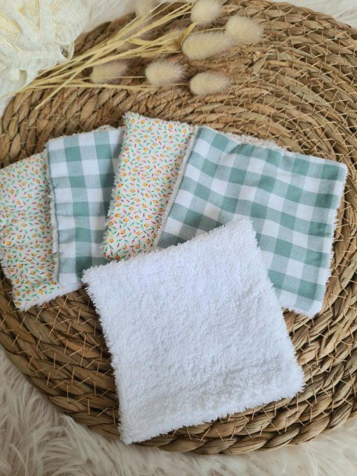 Lot de 5 lingettes lavables mini fruits et vichy vert d'eau