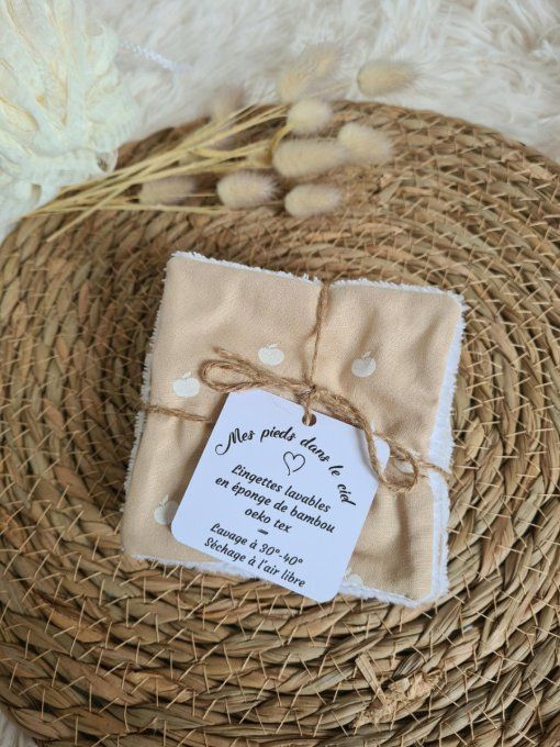Lot de 5 lingettes lavables pommes et vichy beige