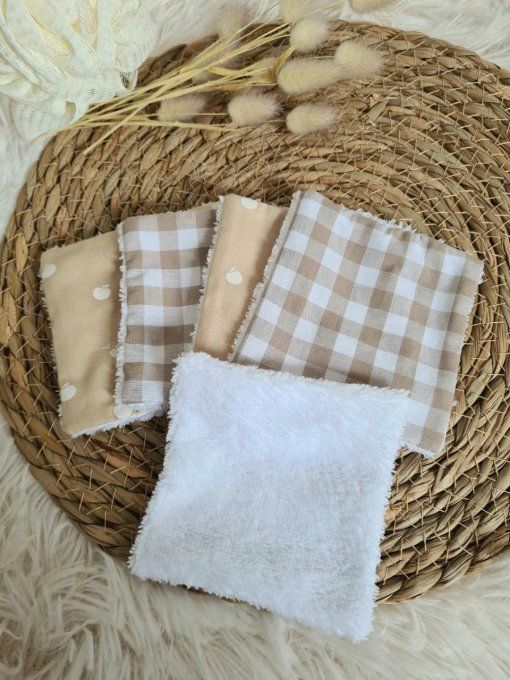 Lot de 5 lingettes lavables pommes et vichy beige
