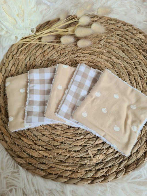 Lot de 5 lingettes lavables pommes et vichy beige