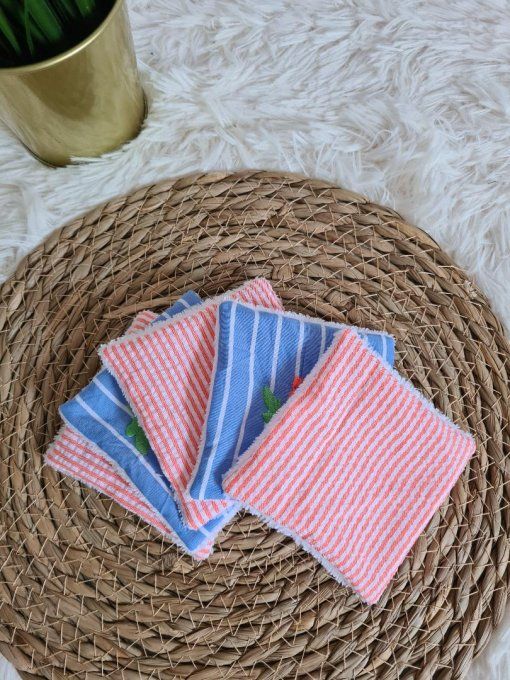 Lot de 5 lingettes lavables en seersucker et fleuri corail