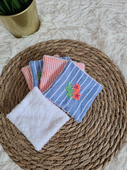 Lot de 5 lingettes lavables en seersucker et fleuri corail