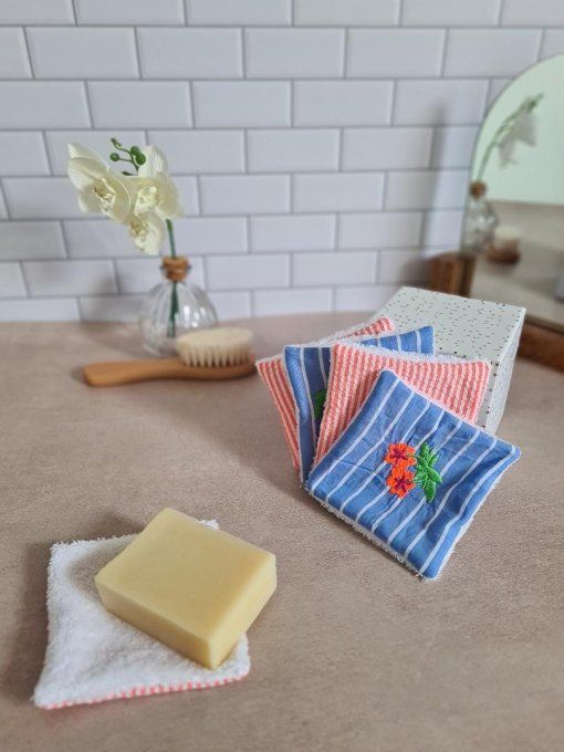 Lot de 5 lingettes lavables en seersucker et fleuri corail