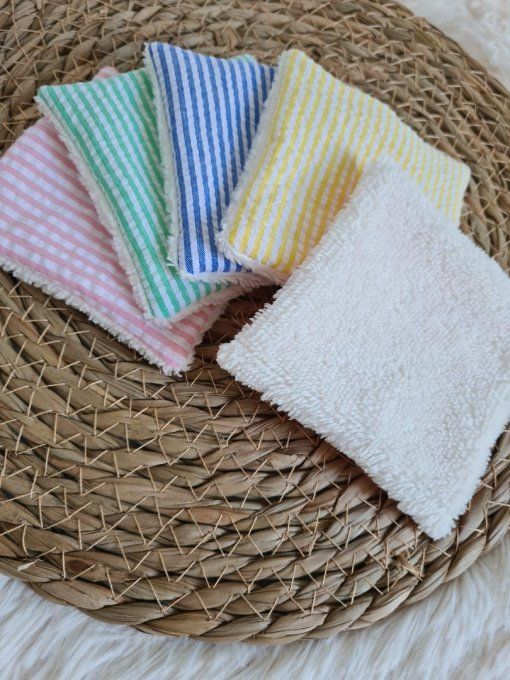 Lot de 5 lingettes lavables en coton seersuckers 5 couleurs