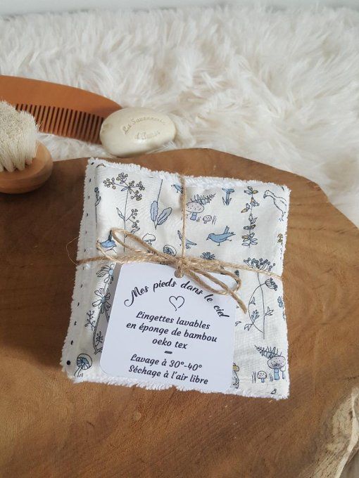 Lot de lingettes lavables en Liberty Théo bleu ciel et pois marine